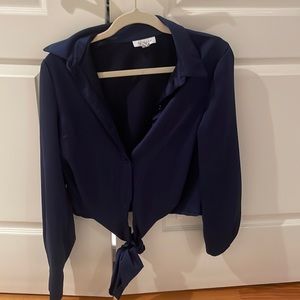 Top shop navy satin button down shirt with adjustable tie at bottom